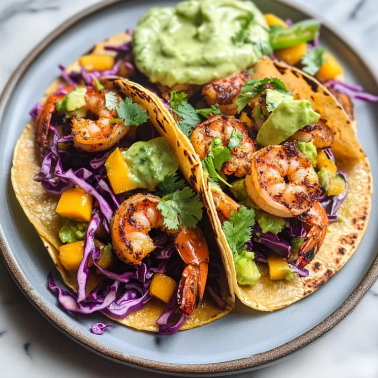Spicy Shrimp Tacos with Mango Slaw and Avocado Crema