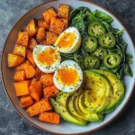 Avocado Power Plate with Jammy Eggs, Spinach & Sweet Potatoes