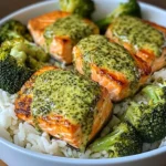 Creamy Pesto Salmon with Broccoli & Rice