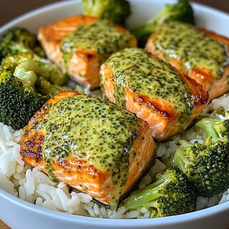 Creamy Pesto Salmon with Broccoli & Rice