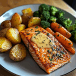 Garlic Butter Salmon with Roasted Potatoes, Glazed Carrots & Steamed Broccoli