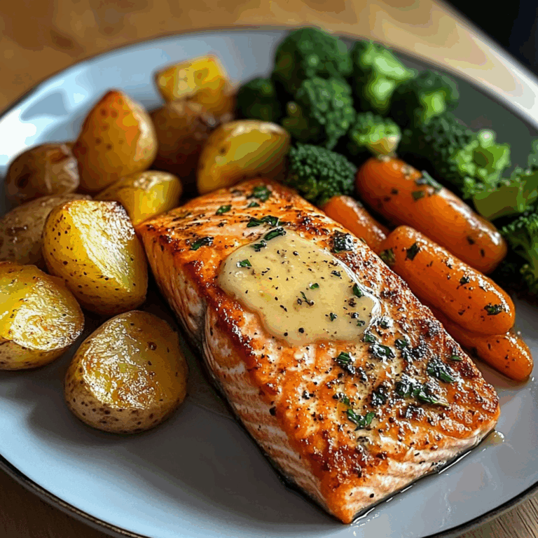 Garlic Butter Salmon with Roasted Potatoes, Glazed Carrots & Steamed Broccoli