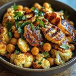 Honey Curry Roasted Cauliflower with Grilled Halloumi and Crunchy Chickpeas