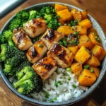 Honey Garlic Chicken Bowl with Rice, Broccoli & Roasted Butternut Squash