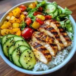 Rainbow Grilled Chicken Rice Bowl with Avocado & Crunchy Salad