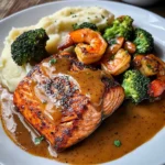 Cajun Salmon with Garlic Mashed Potatoes & Shrimp-Broccoli Saut