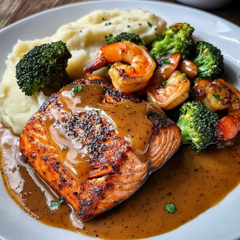 Cajun Salmon with Garlic Mashed Potatoes & Shrimp-Broccoli Saut