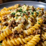 Cheesy Rotini with Garlic Butter Sauce and Ground Beef