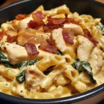 Creamy Chicken, Bacon & Spinach Pasta in Cheesy Garlic Sauce