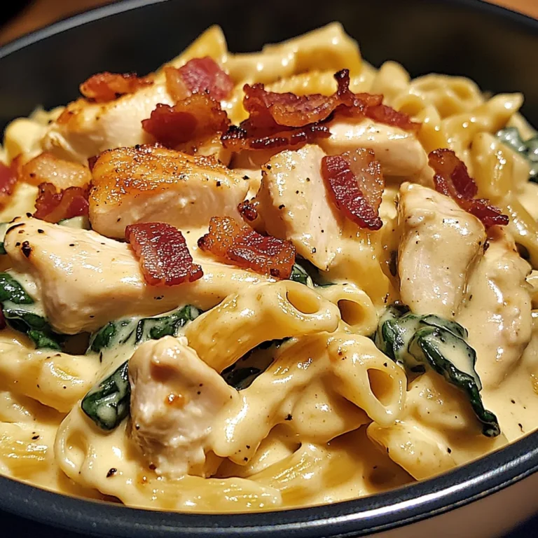 Creamy Chicken, Bacon & Spinach Pasta in Cheesy Garlic Sauce