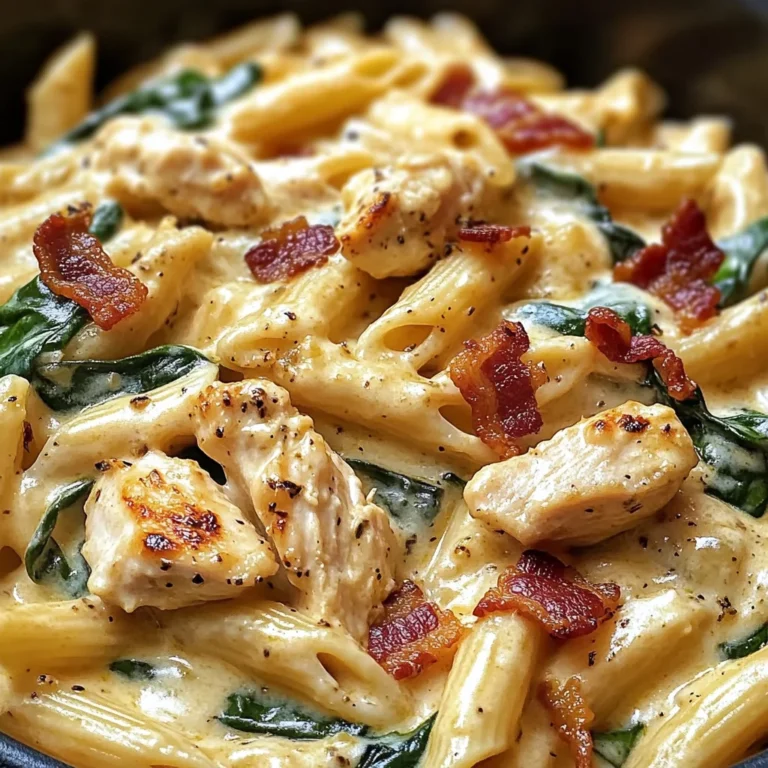 Creamy Chicken Pasta with Spinach, Bacon, and Cheese