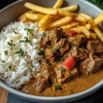 Creamy Coconut Curry Beef with Rice and Fries
