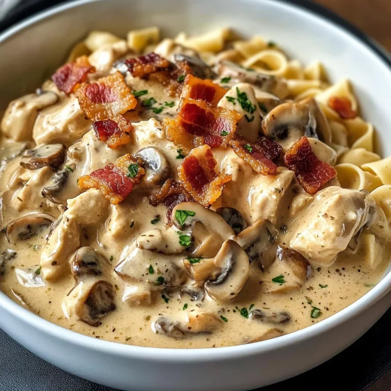 Creamy Slow Cooker Chicken Bacon Stroganoff with Mushrooms & Herbed Noodles