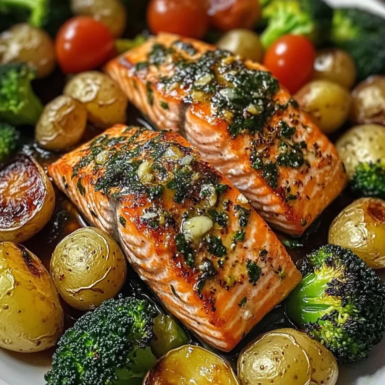 Garlic Butter Salmon with Roasted Veggies & Baby Potatoes