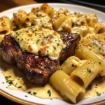 Garlic Cream Steak with Rigatoni in Provolone Cream Sauce