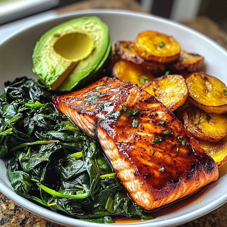 Glazed Salmon with Plantains, Spinach & Avocado Bliss Bowl