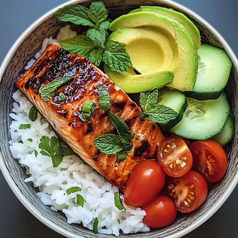 Honey-Glazed Salmon Bowl with Rice, Avocado, Cucumber & Tomato Herb Salad
