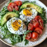 Poached Egg & Arugula Salad with Avocado, Tomato & Cream Cheese Toast