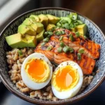 Salmon, Brown Rice & Soft-Boiled Egg Bowl with Avocado