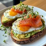 Smoked Salmon & Egg Avocado Toast Plate with Fresh Fruit & Tea