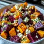Creamy Roasted Beet Salad with Sweet Potato & Feta
